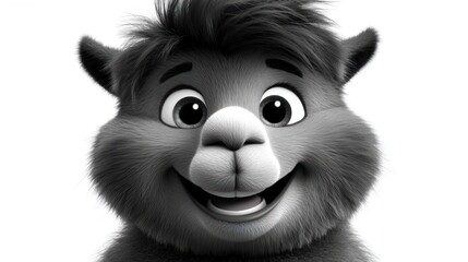 A cute animated character smiles, showing off its fluffy features and joy