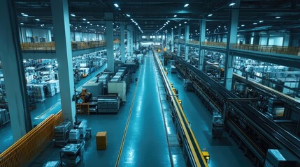Obraz premium A vast, empty Chinese factory floor, with machinery and conveyor belts but no workers.