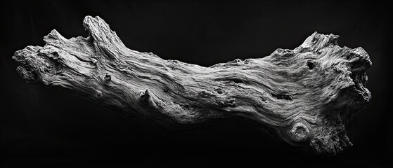Dramatic black and white photo of an ancient, gnarled tree trunk on a solid black background reflecting nature enduring strength