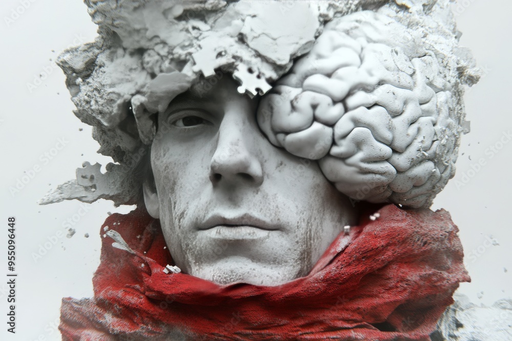 Poster intersubjectivity cognitive control man with a cracked stone face and exposed brain symbolizing the 