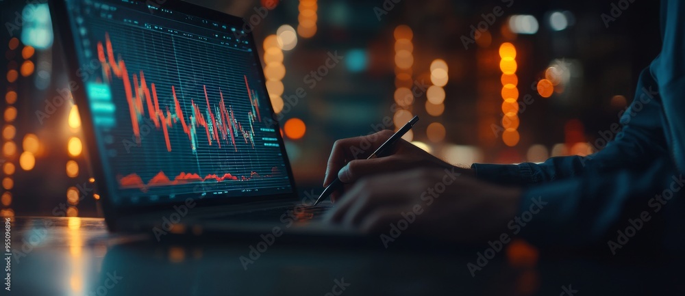 Poster double exposure of a businessman using a tablet computer to analyze sales data, financial graphs and