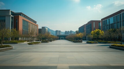 A wide-angle shot of a silent, empty Chinese university campus, with modern buildings and no students