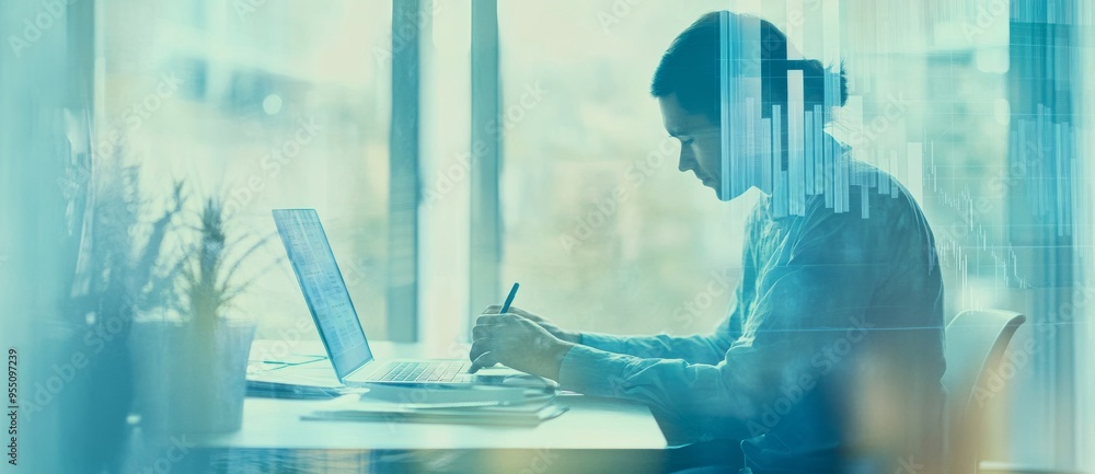 Canvas Prints Finance and investment strategy concept, businessman using tablet computer to analyze sales data, financial graph chart report and coins, double exposure.