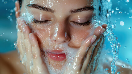 Fototapeta premium A woman is washing her face with water