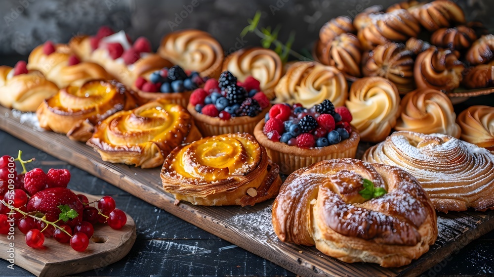 Aufkleber Mouthwatering Array of Danish Pastries on Display with Assorted Fillings and Toppings