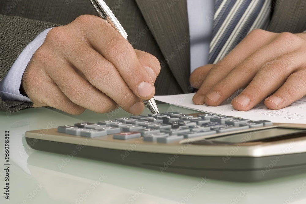 Aufkleber accountant using calculator in office to calculate business data