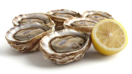 Delicious oysters are arranged neatly with a bright lemon wedge nearby