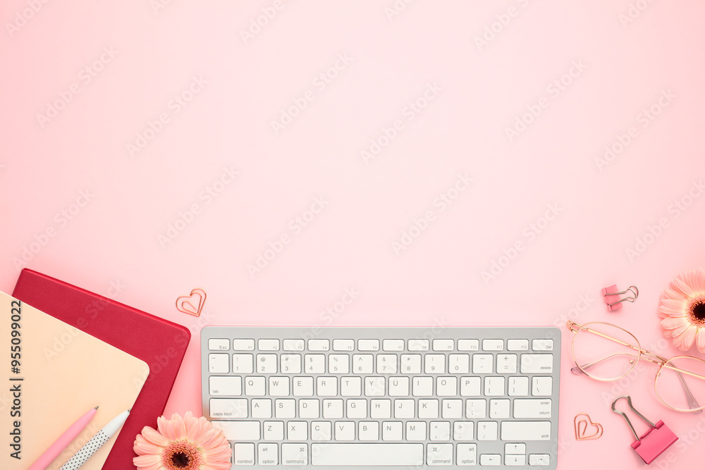Poster flat lay, top view office desk table. feminine workspace with computer keyboard, paper notebooks, cl