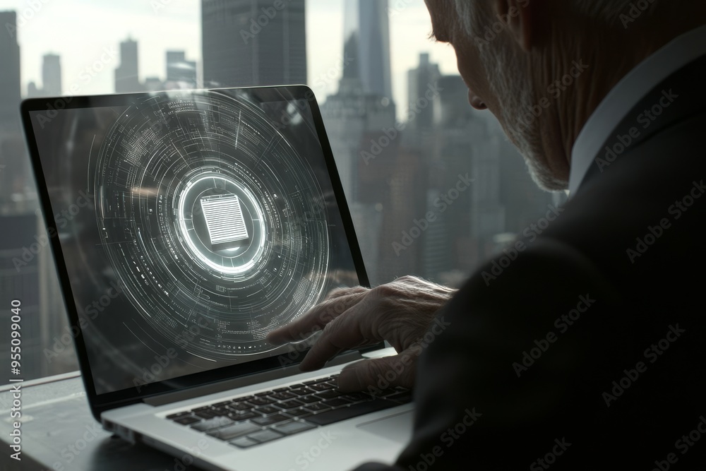 Poster it consultant working on laptop computer to setup document management system (dms). software for man