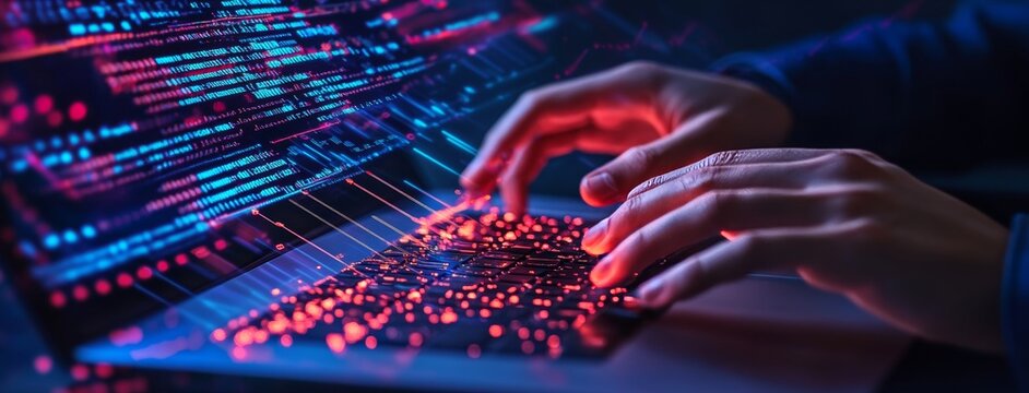 A coding programmer, software engineer, works on a laptop with virtual computer code on javascript on the screen with regards to digital technology, software development, and agile methodology.