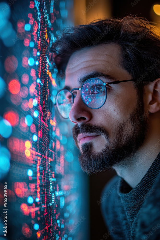 Poster ai cyber security, a male it specialist examines data related to privacy leaks and cybersecurity thr