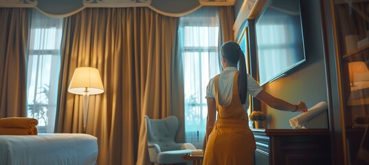 A Housekeeper is Dusting the Room