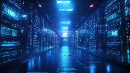 Fototapeta premium Futuristic Data Center, A modern data center showcasing digital information flow, highlighting advanced technology and enhanced connectivity in a high-tech environment