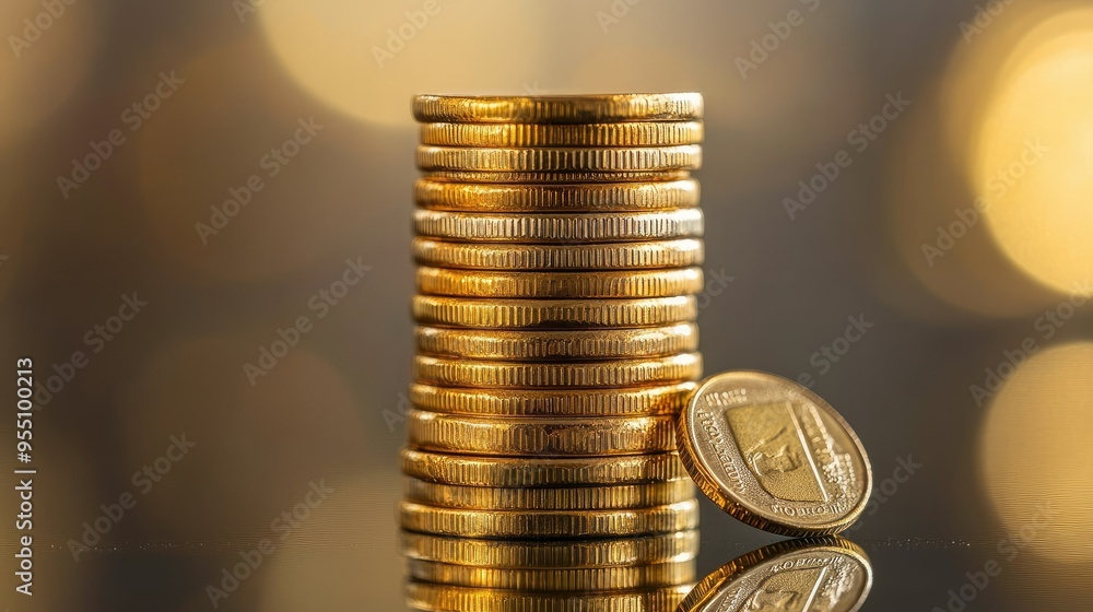 Poster stack of golden coins piled high with a single coin leaning against the stack, on a reflective surfa