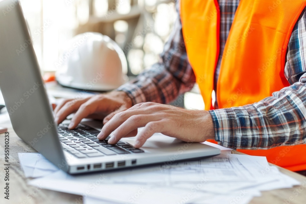 Poster closeup of an architect or engineer using a laptop computer, digital tablet, and calculator in an of