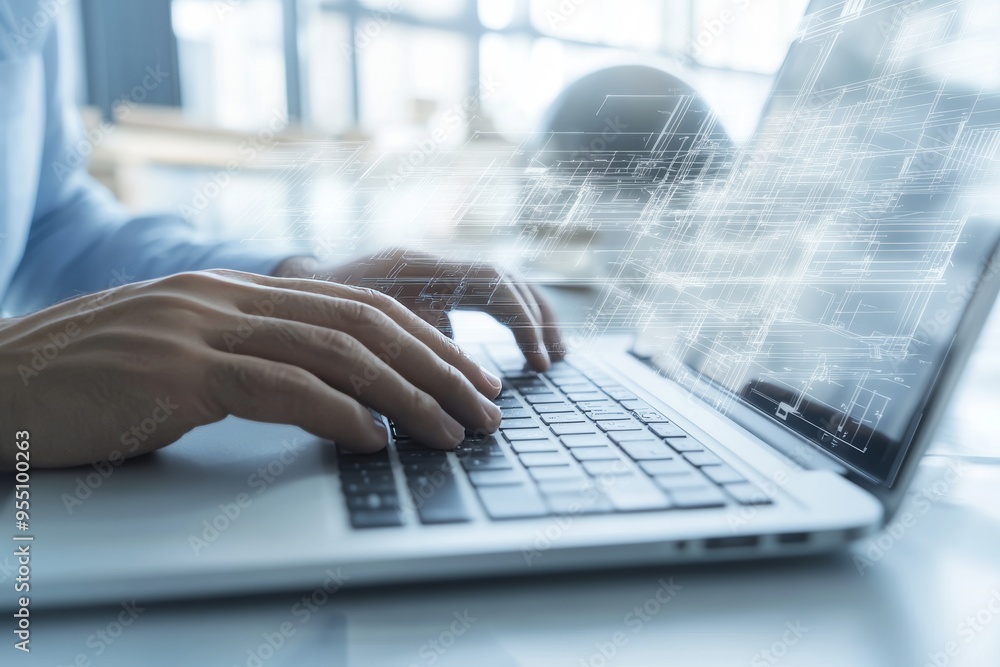 Poster close-up of an engineer or architect using autocad on a laptop with a digital tablet and a blueprint