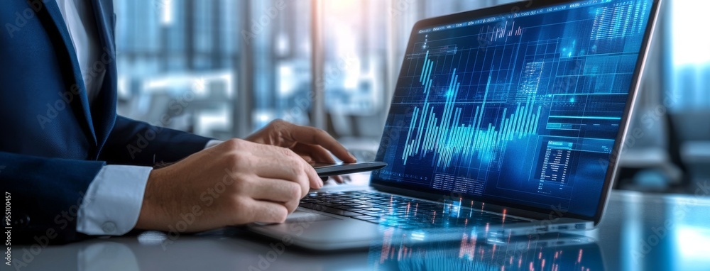 Poster big data analytics. business teamwork analyzes financial graphs using a touch screen on a virtual co