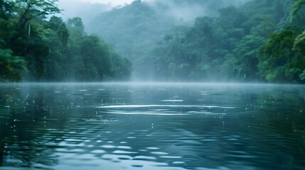 Serene Lakeside View with Gentle Rain Causing Ripples on the Water Surrounded by Lush Trees and a Misty Backdrop