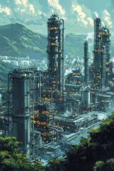 Petrochemical Equipment,  A petrochemical plant featuring industrial equipment and building structures set in a landscape designed for manufacturing and production