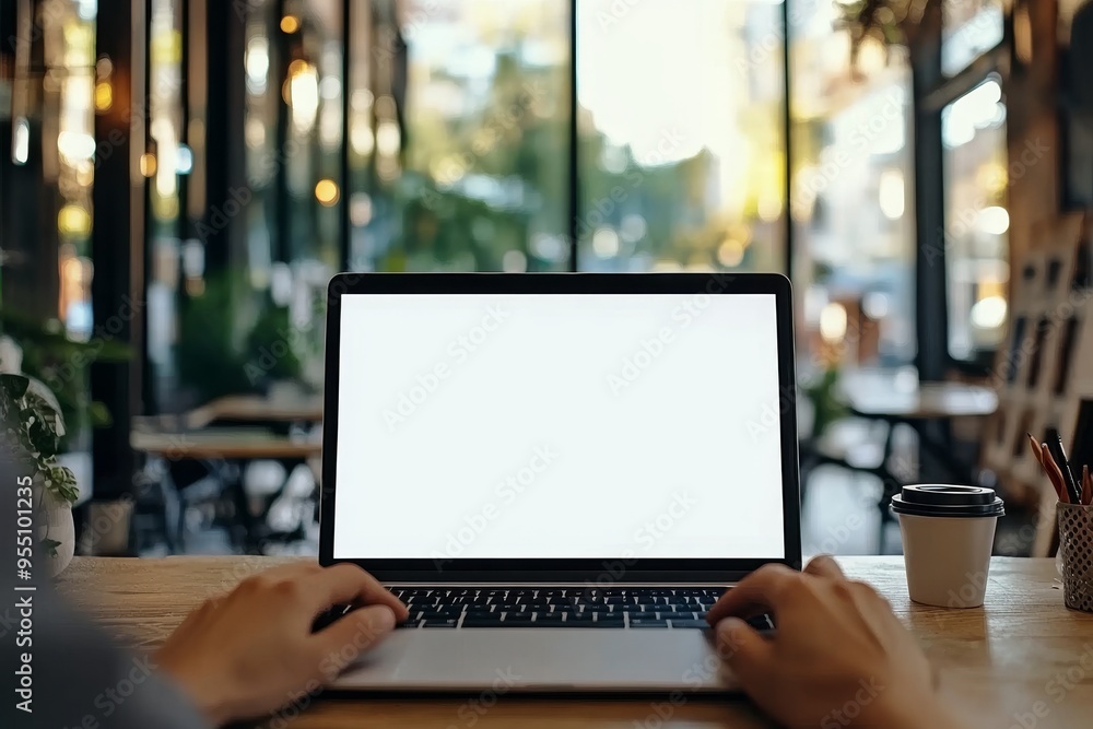 Aufkleber laptop computer mockup with blank screen, showing a business man working on it on a table at the off
