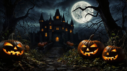 Zucca di Halloween spaventosa, Jack Lanterna, zucca diabolica, in una foresta spettrale di notte vicino ad un castello con la luna piena, la zucca incarna il male e incute orrore