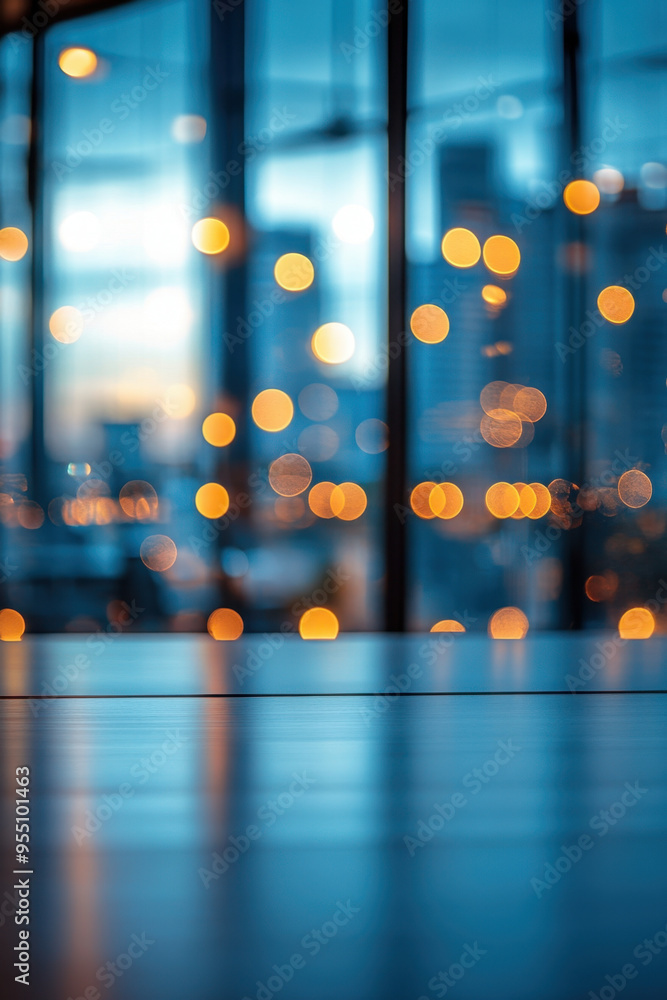 Poster office interior, a soft-focus image of an empty office space, showcasing blurred lights that create 