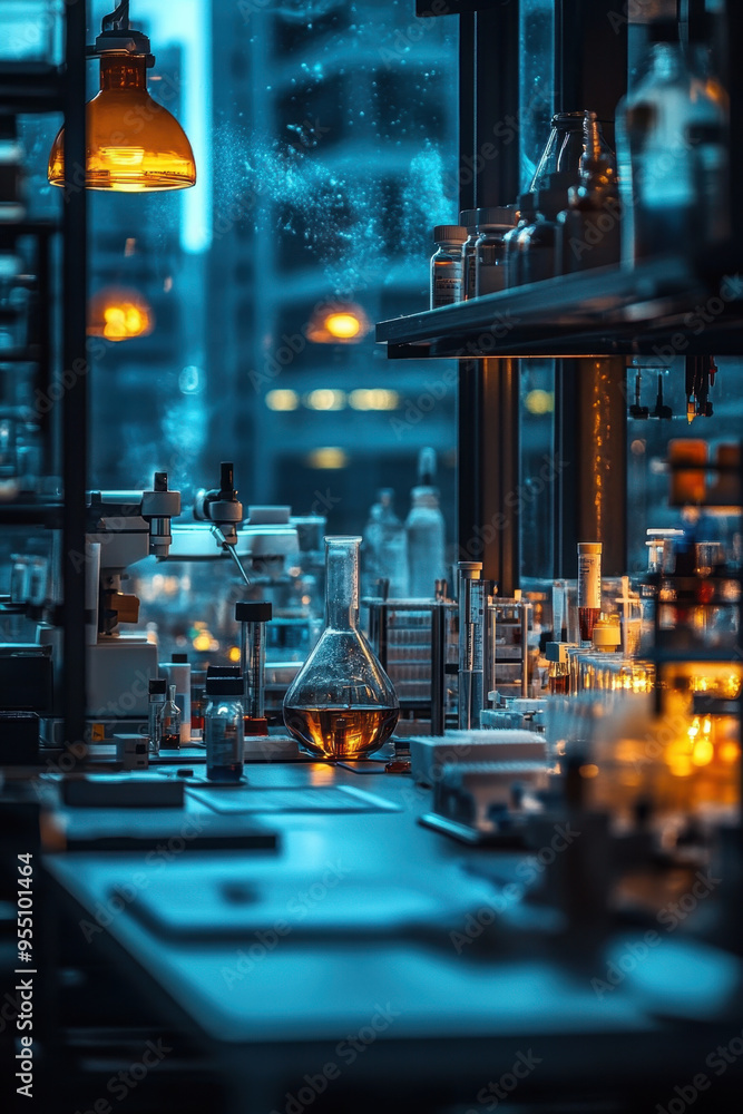 Poster blurry science lab, a soft-focused image of a science laboratory interior, showcasing a workspace fi