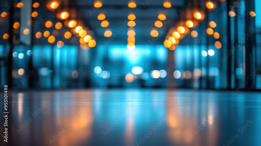 Poster office interior, a soft-focus image of an empty office space, showcasing blurred lights that create 