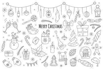 Merry Christmas design elements. Doodle set. Hand drawn cute Christmas icons. Vector illustration