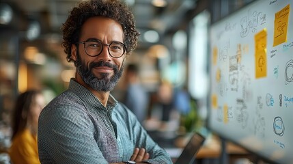 Creative Collaboration in a Modern Workspace: Professionals Working on Laptops and Brainstorming Ideas on Whiteboard