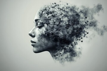 Brain to brain interface Mental effort Side profile of woman with her face dissolving into particles symbolizing disintegration of identity and transformation of self in surreal conceptual design