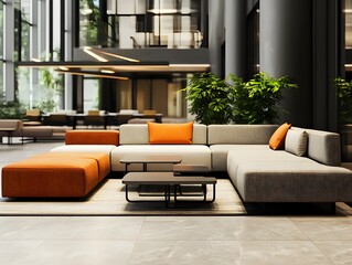 Modern Lobby Interior Design with Orange and Grey Modular Sofa
