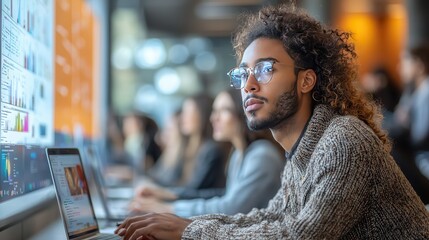 Modern Collaborative Workspace with Professionals Working on Laptops and Brainstorming Ideas on Whiteboard