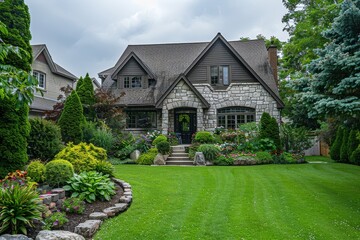 Charming front yard of a suburban Canadian home with manicured grass, trimmed shrubs, and colorful garden plants. Stone house with detailed exterior and natural lighting in an Impressionist style.