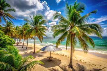 Fototapeta premium lush green palm trees sway above a sun-kissed, sandy beach, empty except for a forgotten, half-buried beach umbrella.