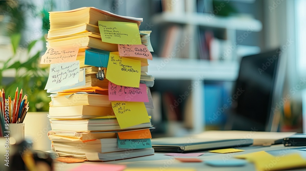 Poster stack of vibrant sticky notes with handwritten reminders and doodles on a cluttered desk