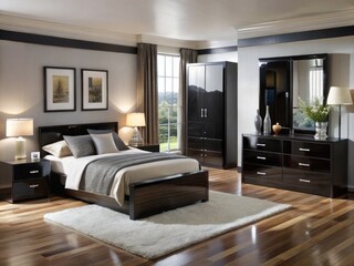Fototapeta premium Luxurious high-gloss black bedroom furniture set, fully assembled, features sleek modern design, gleaming finish, and premium quality, creating a sophisticated and dramatic sleeping space.