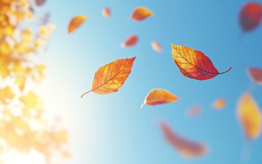 a few colorful autumn leaves gently falling against a bright blue sky