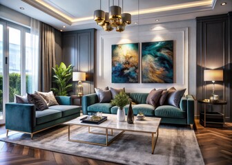 Fototapeta premium Luxurious Home Interior With Modern Furnishings, Plush Velvet Accents, And Abstract Art On The Wall