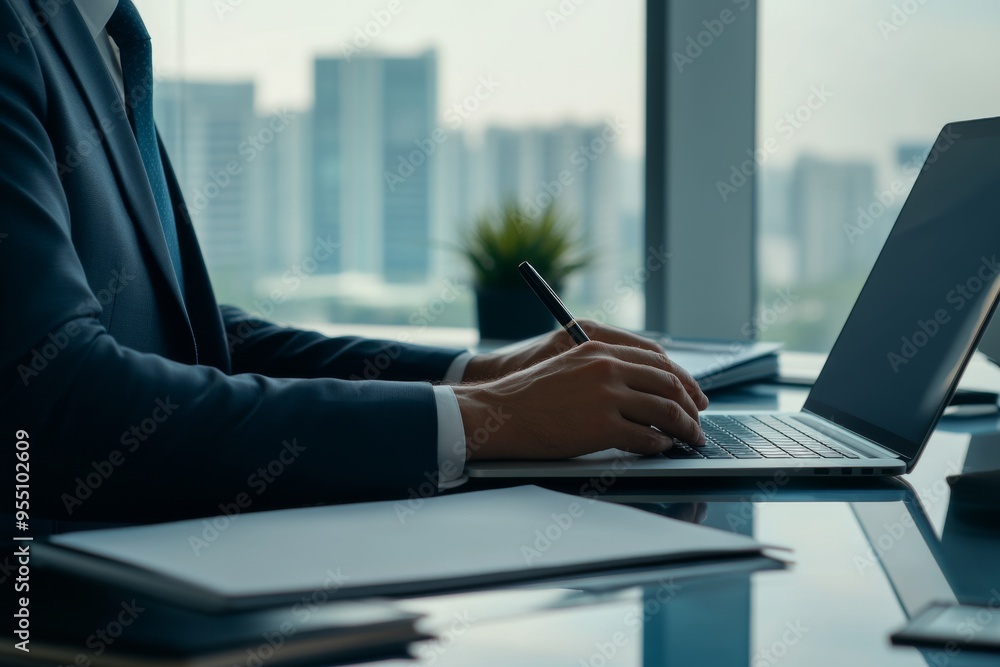 Poster the businessman is surfing the internet, analyzing business reports on a digital tablet pc on the of