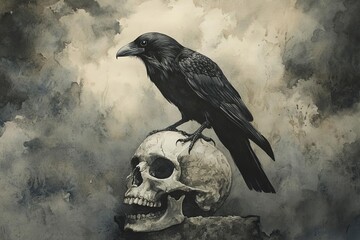 Black raven, perched on a skull, ominous clouds, Watercolor style