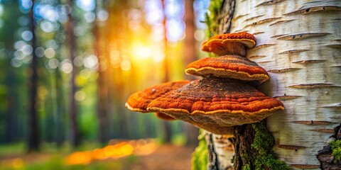 Top view of healing chaga mushroom growing on old birch trunk with red parasitic mushrooms, blurred background with bokeh effect