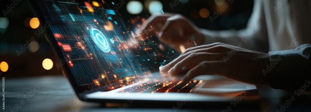 Poster connected global network, iot, internet of things and digital technology concept. programmer on lapt