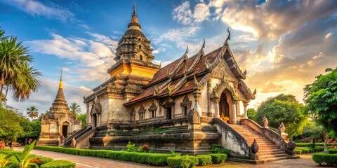 Majestic 15th-century Wat Chedi Luang Worawihan temple in Chiang Mai, Thailand, featuring a stunning weathered chedi and intricate carvings amidst lush tropical surroundings.