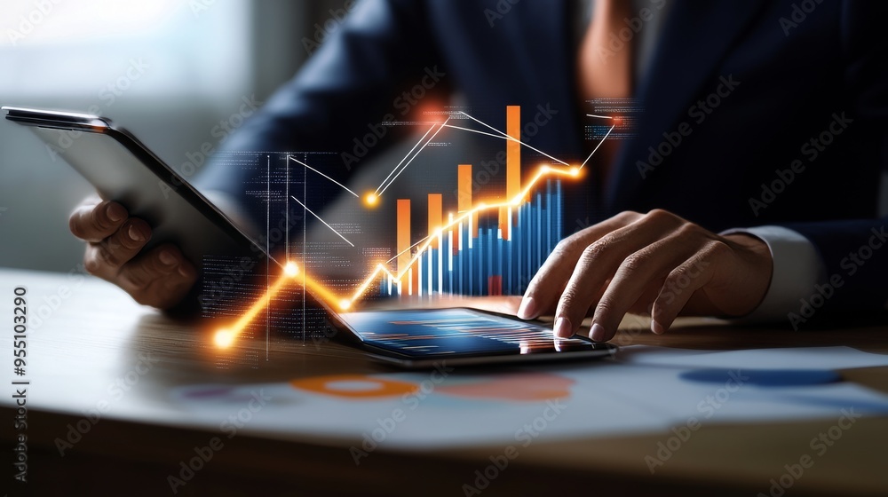 Poster a businessman projects using a digital tablet to analyze sales data and finances. information is dis