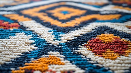 Close-up of the texture and colors on an office carpet, showcasing its modern design with geometric patterns in blue, orange, yellow, red, gray, and black and white, designed for corporate spaces