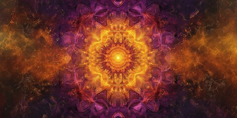 Abstract gold and purple mandala with a starry background.