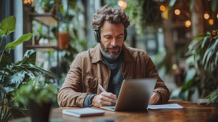 Busy Professional Taking a Phone Call and Writing Notes in Planner at Modern Office Desk