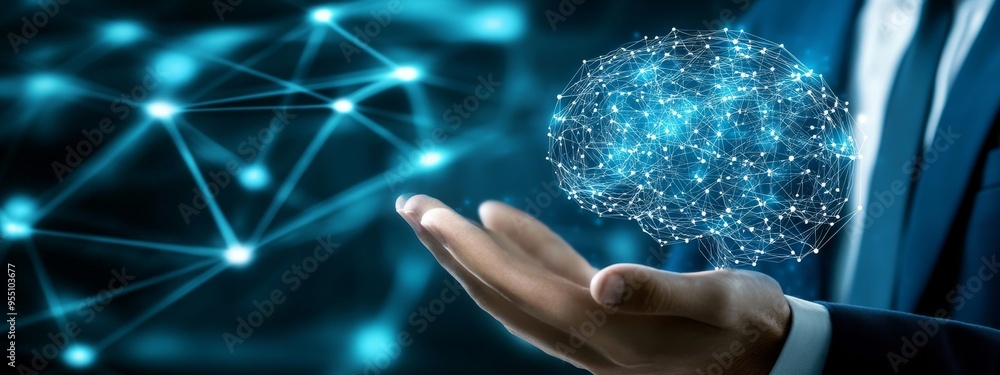 Poster businessman using ai technology with machine learning with stock data, data science, software develo