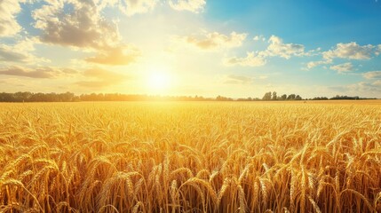 Naklejka premium Sun-kissed golden wheat field stretching towards the horizon under a bright summer sky